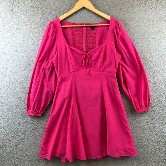 J. Crew Dresses & Skirts - J. Crew Hot Pink Square Neck Smocked Bodice Tie Front Puff Sleeve Mini‎ Dress 6